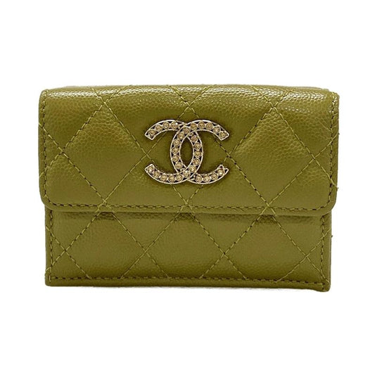 Chanel Trifold Wallet Matelasse Khaki Rhinestone Coco Mark Gold Hardware