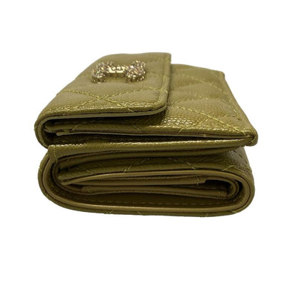 Chanel Trifold Wallet Matelasse Khaki Rhinestone Coco Mark Gold Hardware