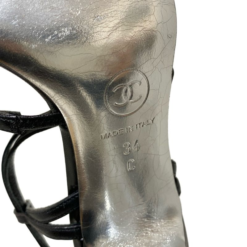 Chanel Sandals 34 C Women's - G24631 Black Coco Mark Rhinestone Leather