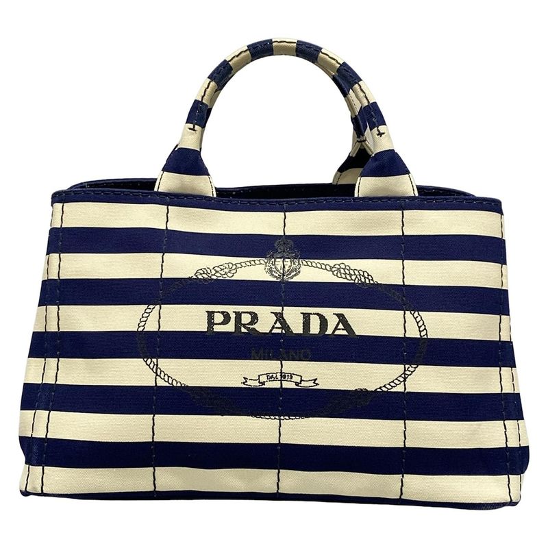 Prada Tote Bag Canapa B2642b Navy X Ivory Border