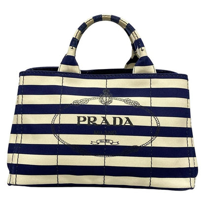 Prada Tote Bag Canapa B2642b Navy X Ivory Border
