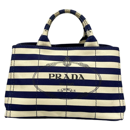 Prada Tote Bag Canapa B2642b Navy X Ivory Border