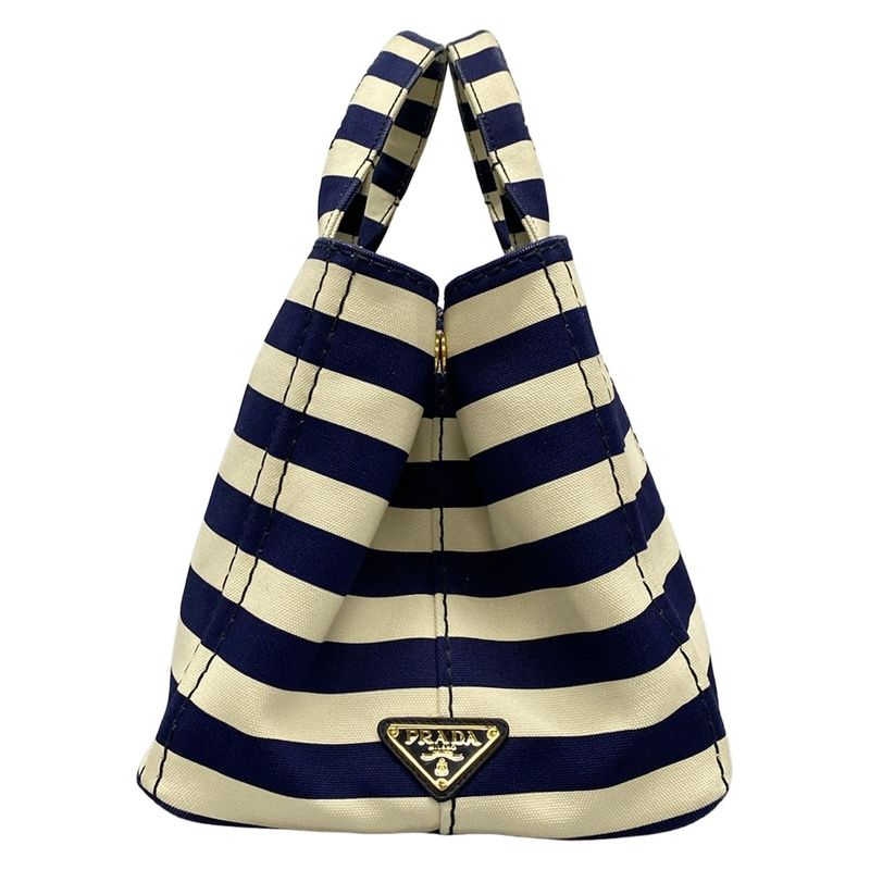 Prada Tote Bag Canapa B2642b Navy X Ivory Border