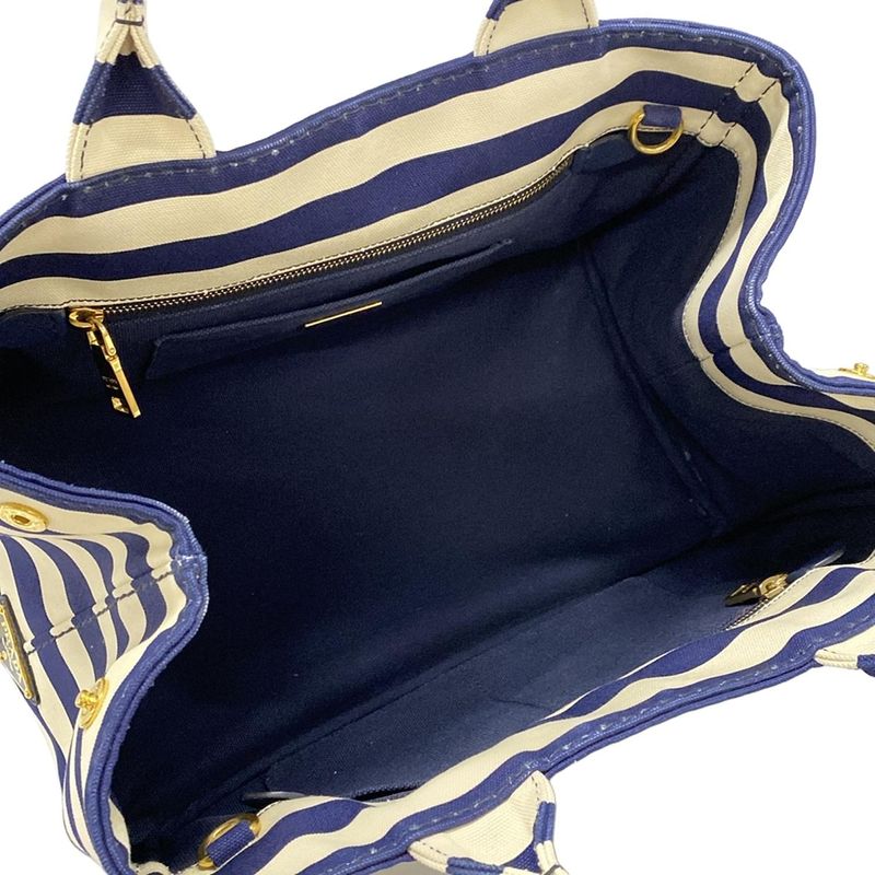 Prada Tote Bag Canapa B2642b Navy X Ivory Border