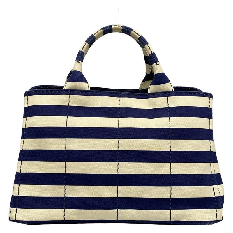 Prada Tote Bag Canapa B2642b Navy X Ivory Border
