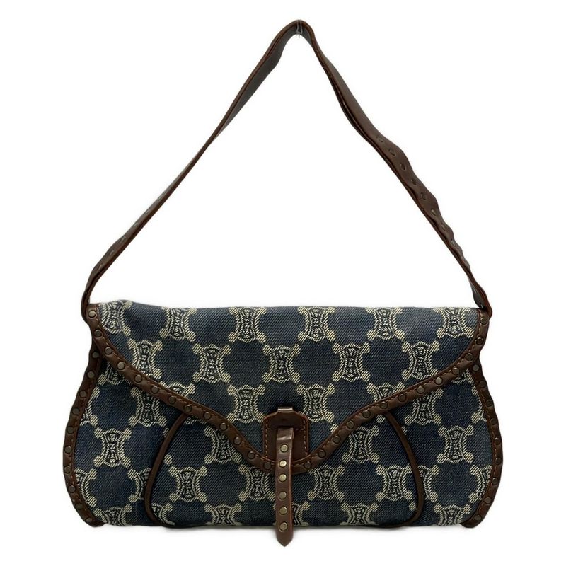 Celine Handbag Paris Macadam Navy X Ivory X Dark Brown Leather