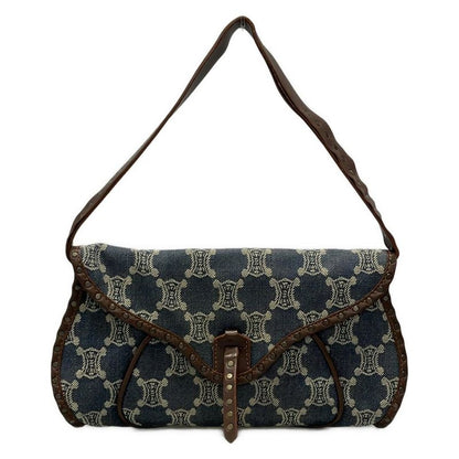 Celine Handbag Paris Macadam Navy X Ivory X Dark Brown Leather