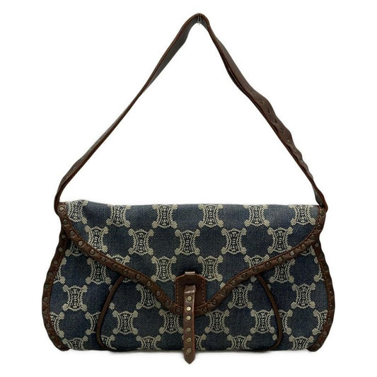 Celine Handbag Paris Macadam Navy X Ivory X Dark Brown Leather