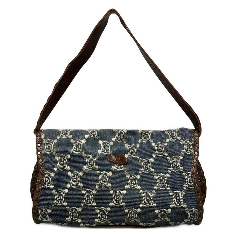 Celine Handbag Paris Macadam Navy X Ivory X Dark Brown Leather