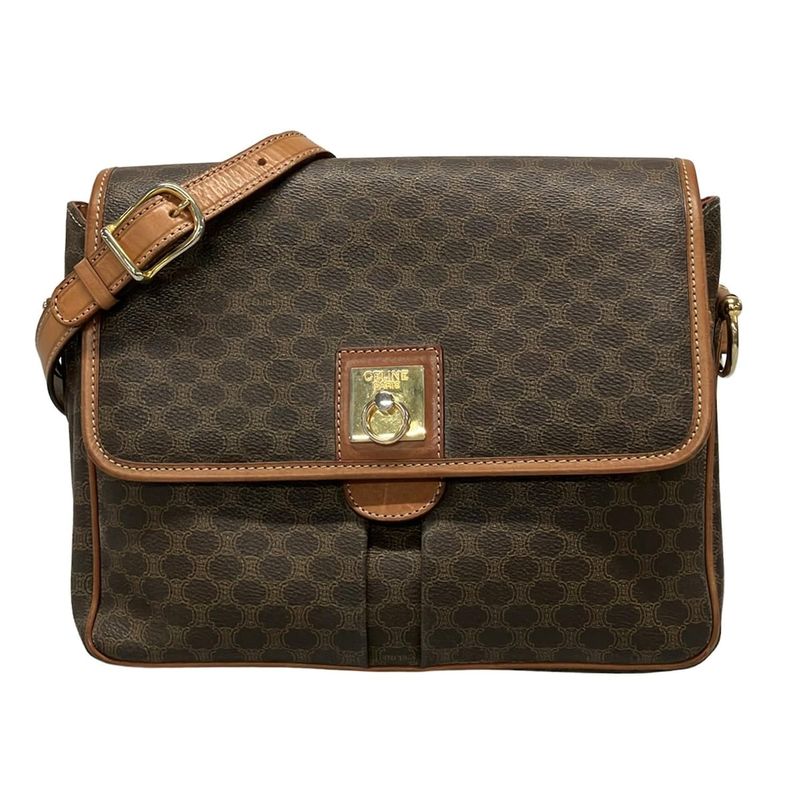 Celine Shoulder Bag Macadam Pattern Gancini Dark Brown X Light Brown Leather