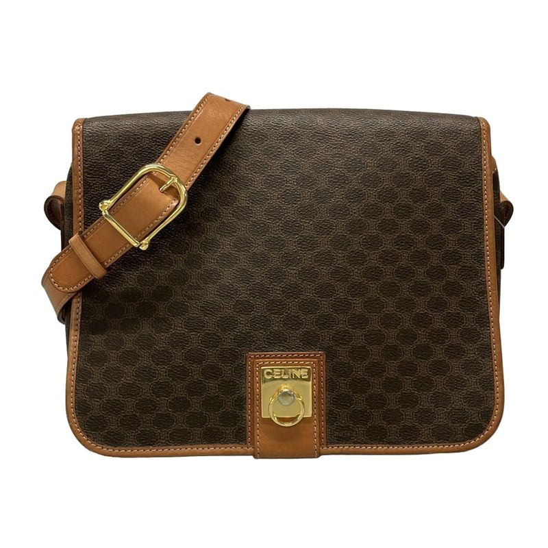 Celine Shoulder Bag Macadam Pattern Gancini Dark Brown X Light Brown Leather