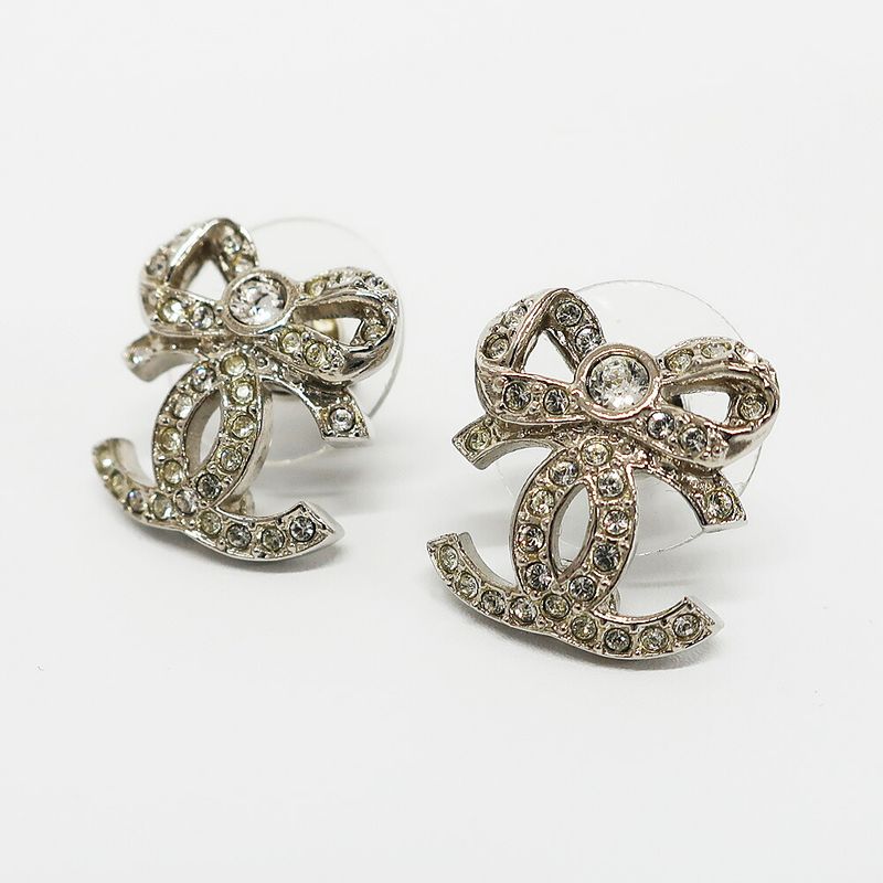 Chanel Earrings Ribbon Coco Mark Pair Silver Rhinestone Plated