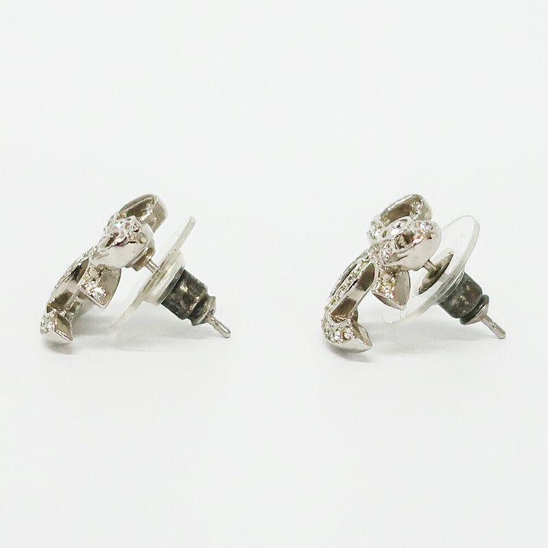 Chanel Earrings Ribbon Coco Mark Pair Silver Rhinestone Plated