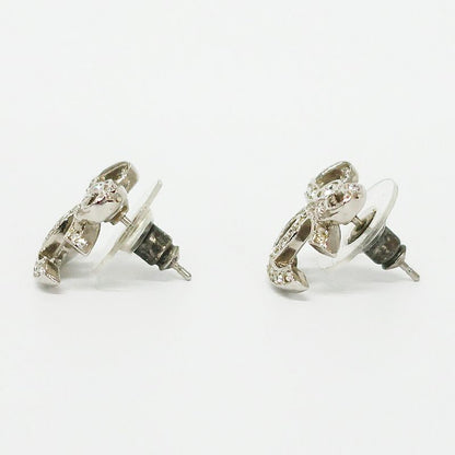 Chanel Earrings Ribbon Coco Mark Pair Silver Rhinestone Plated