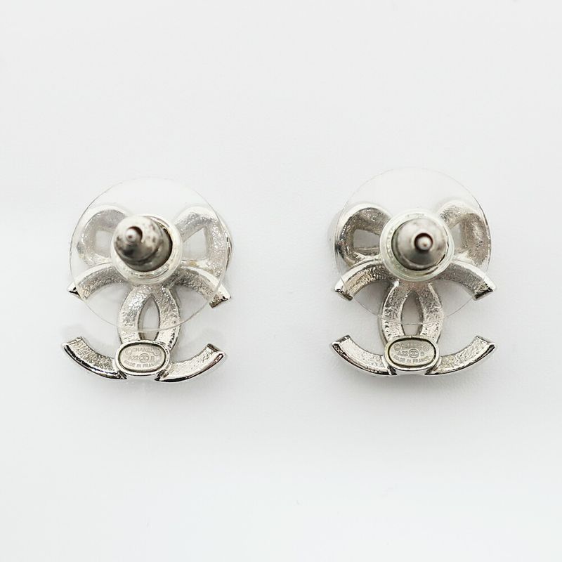 Chanel Earrings Ribbon Coco Mark Pair Silver Rhinestone Plated