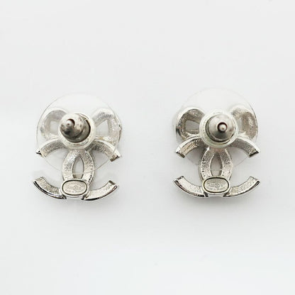 Chanel Earrings Ribbon Coco Mark Pair Silver Rhinestone Plated