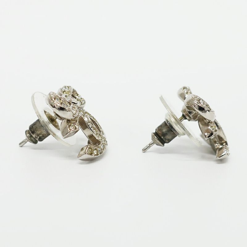 Chanel Earrings Ribbon Coco Mark Pair Silver Rhinestone Plated