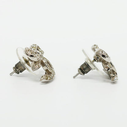 Chanel Earrings Ribbon Coco Mark Pair Silver Rhinestone Plated