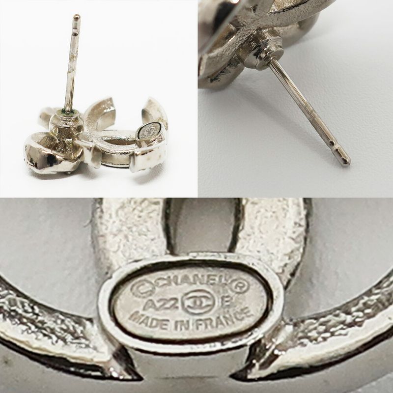 Chanel Earrings Ribbon Coco Mark Pair Silver Rhinestone Plated