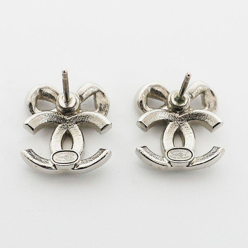 Chanel Earrings Ribbon Coco Mark Pair Silver Rhinestone Plated