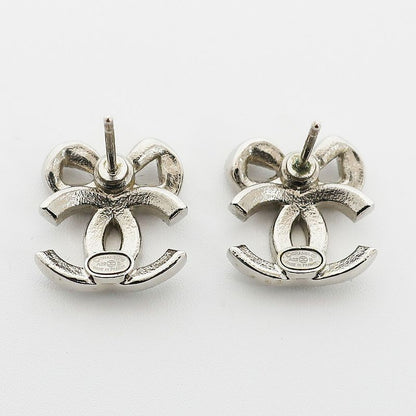 Chanel Earrings Ribbon Coco Mark Pair Silver Rhinestone Plated