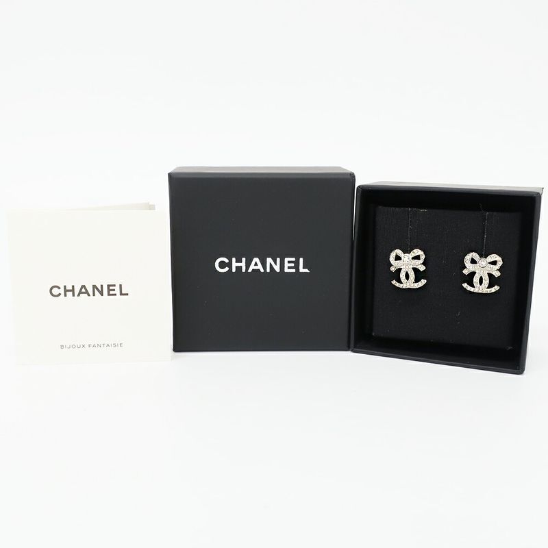 Chanel Earrings Ribbon Coco Mark Pair Silver Rhinestone Plated