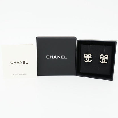 Chanel Earrings Ribbon Coco Mark Pair Silver Rhinestone Plated