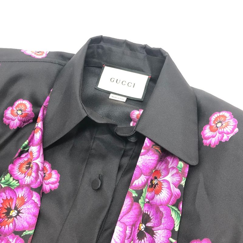 Gucci Long Sleeve Shirt Ribbon Flower Shirt 722304 Silk Black