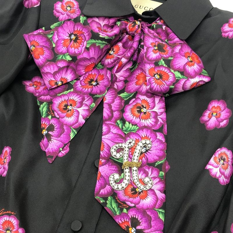 Gucci Long Sleeve Shirt Ribbon Flower Shirt 722304 Silk Black