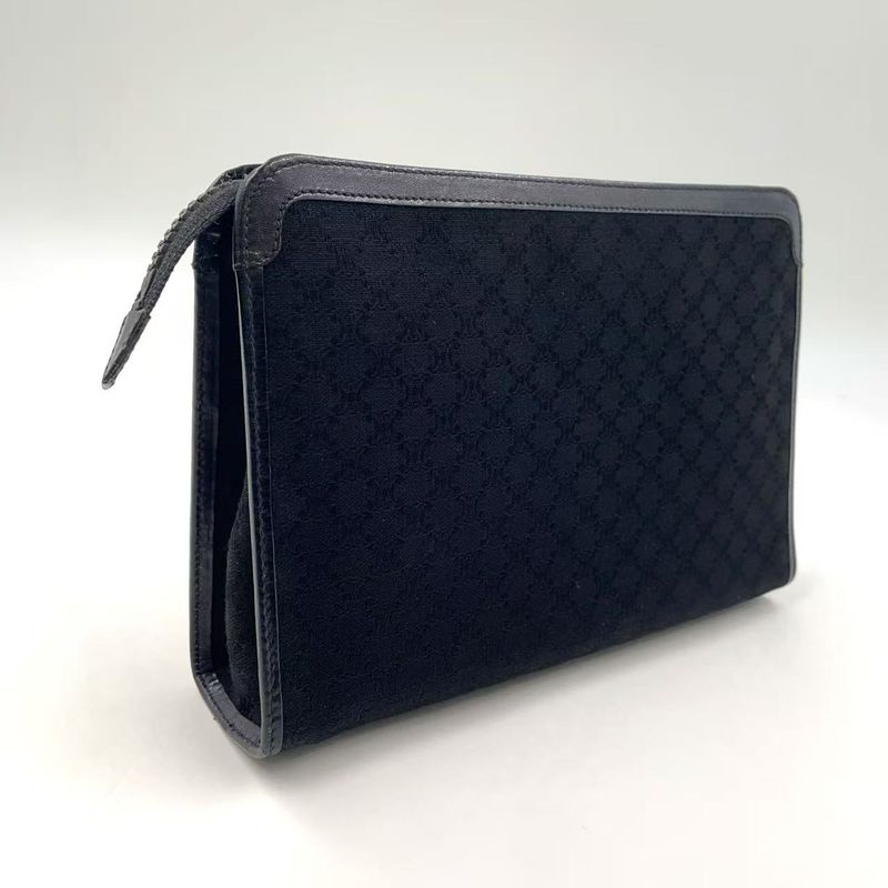 Celine Macadam Pattern Leather X Canvas Black Clutch Bag Gold