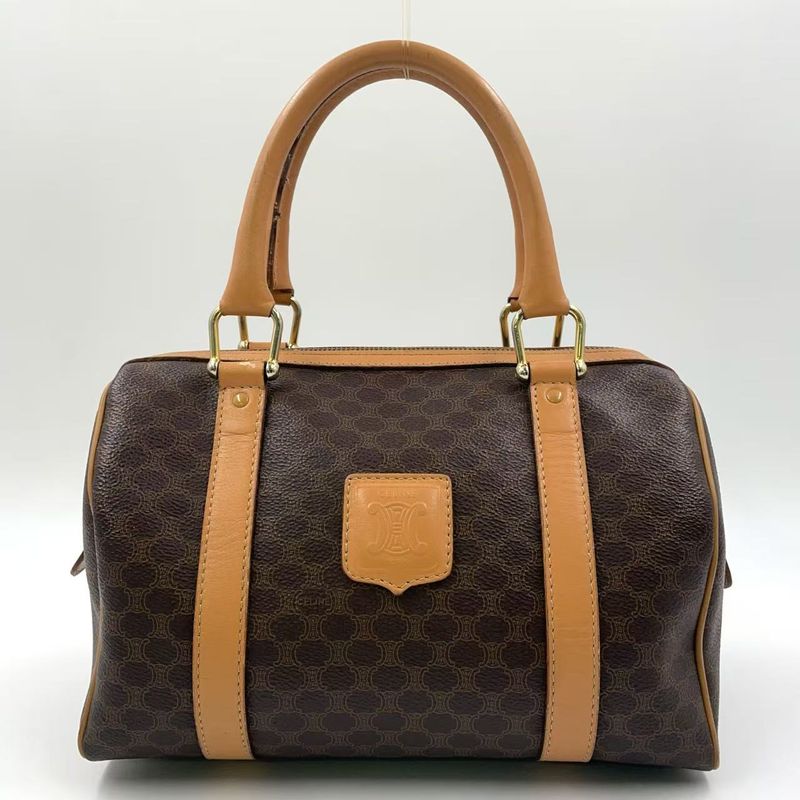 Celine Macadam Pattern Mini Leather X PVC Brown X Light Brown Boston Bag Gold