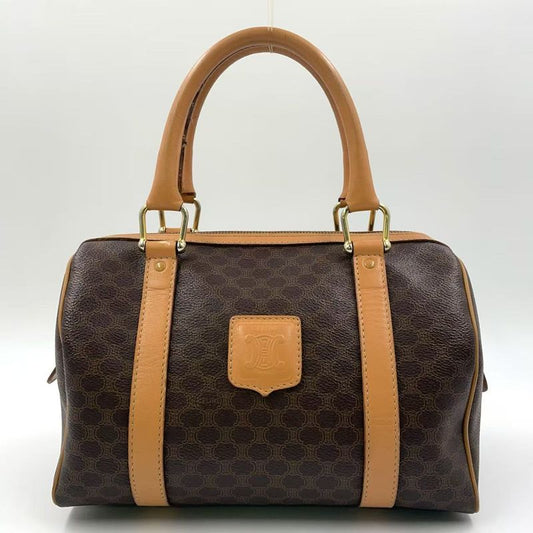 Celine Macadam Pattern Mini Leather X PVC Brown X Light Brown Boston Bag Gold