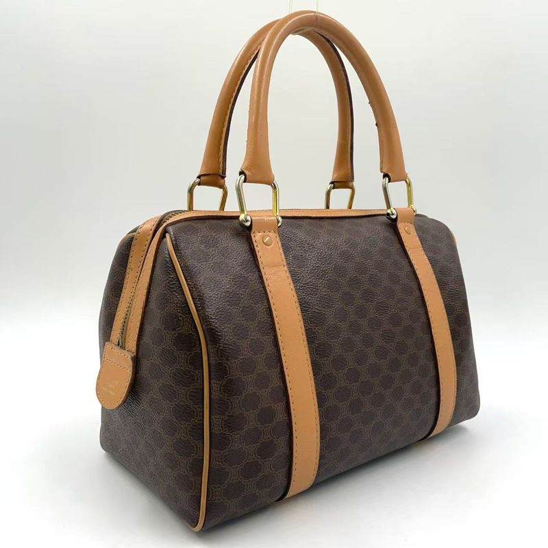 Celine Macadam Pattern Mini Leather X PVC Brown X Light Brown Boston Bag Gold