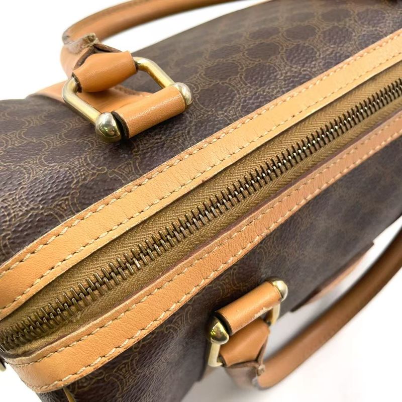 Celine Macadam Pattern Mini Leather X PVC Brown X Light Brown Boston Bag Gold