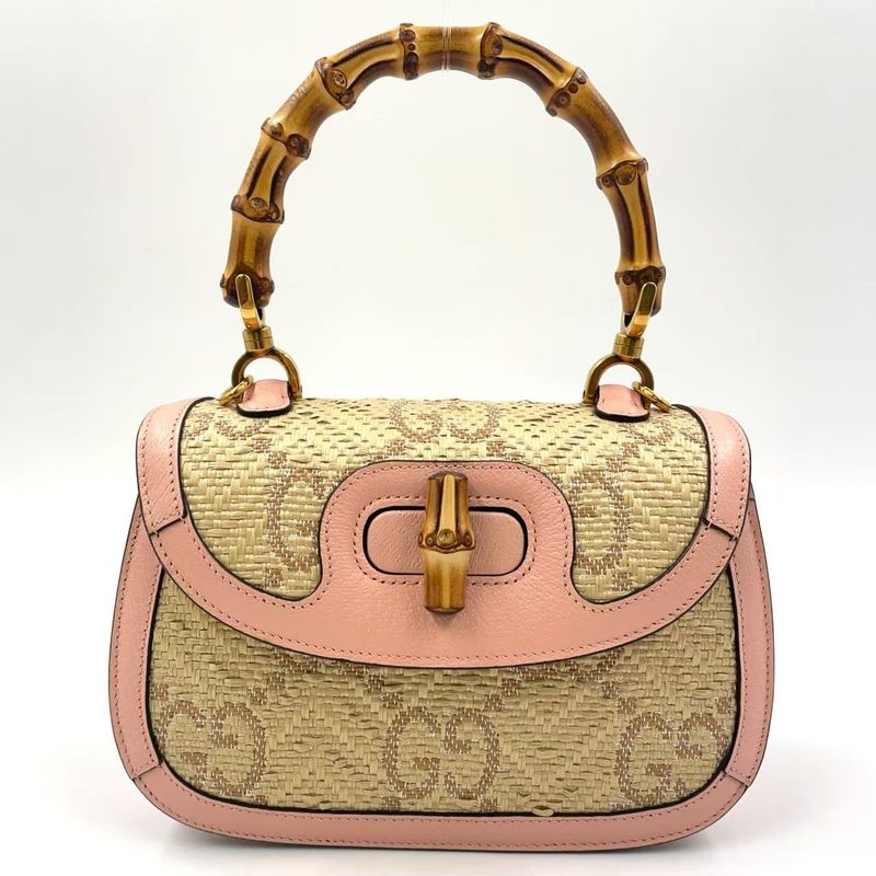 Gucci Jumbo GG Bamboo 2way Shoulder Leather X Raffia Handbag Gold