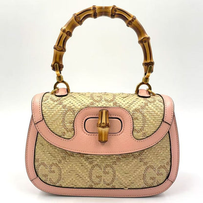 Gucci Jumbo GG Bamboo 2way Shoulder Leather X Raffia Handbag Gold