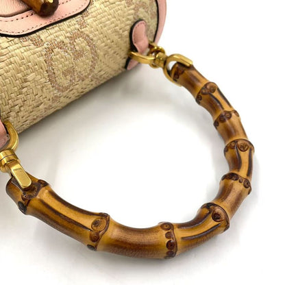 Gucci Jumbo GG Bamboo 2way Shoulder Leather X Raffia Handbag Gold