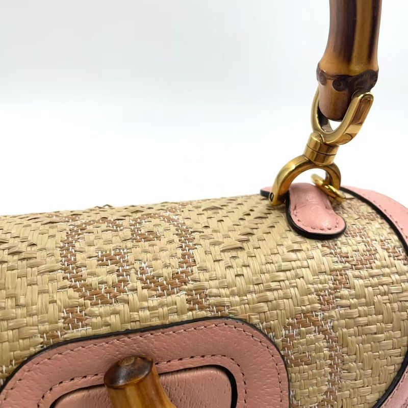 Gucci Jumbo GG Bamboo 2way Shoulder Leather X Raffia Handbag Gold