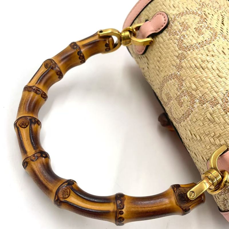 Gucci Jumbo GG Bamboo 2way Shoulder Leather X Raffia Handbag Gold