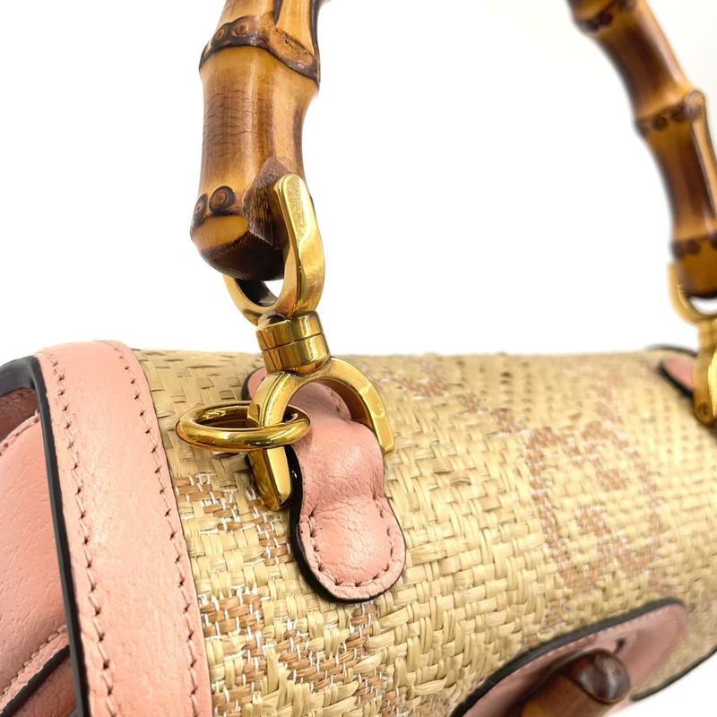 Gucci Jumbo GG Bamboo 2way Shoulder Leather X Raffia Handbag Gold