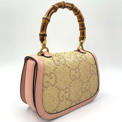 Gucci Jumbo GG Bamboo 2way Shoulder Leather X Raffia Handbag Gold