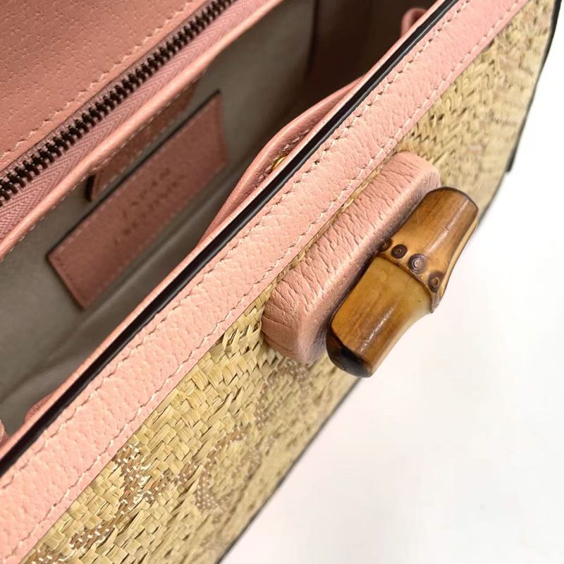 Gucci Jumbo GG Bamboo 2way Shoulder Leather X Raffia Handbag Gold