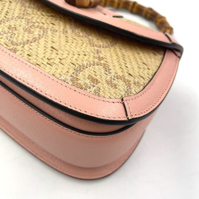 Gucci Jumbo GG Bamboo 2way Shoulder Leather X Raffia Handbag Gold