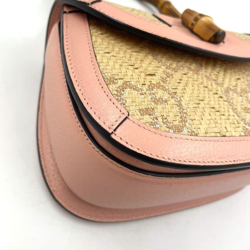 Gucci Jumbo GG Bamboo 2way Shoulder Leather X Raffia Handbag Gold