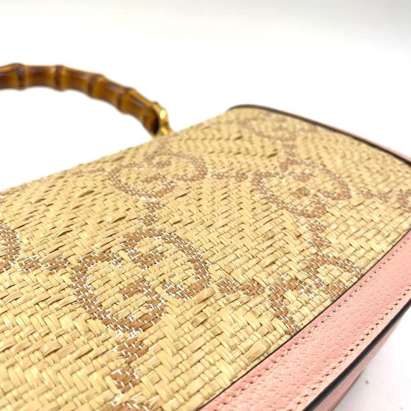Gucci Jumbo GG Bamboo 2way Shoulder Leather X Raffia Handbag Gold
