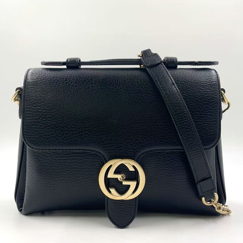 Gucci Interlocking G 2way Leather Black Shoulder Bag Gold