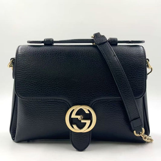 Gucci Interlocking G 2way Leather Black Shoulder Bag Gold