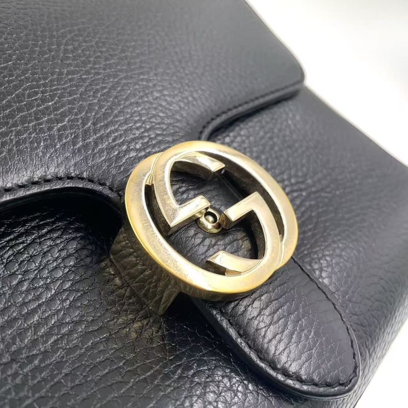Gucci Interlocking G 2way Leather Black Shoulder Bag Gold