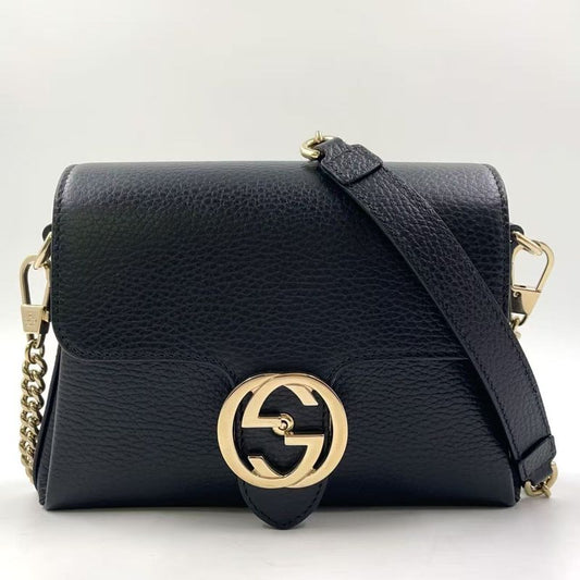 Gucci Interlocking G Mini Leather Black Shoulder Bag Gold