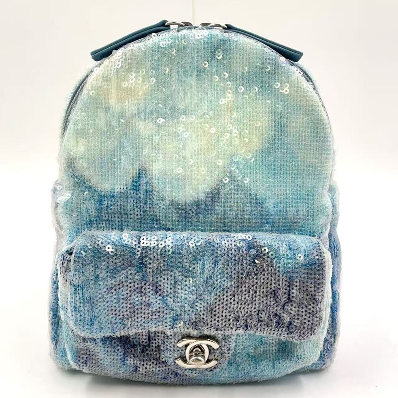 Chanel Coco Mark Sequins Serial Number 25 Leather X Sequins Light Blue Backpack